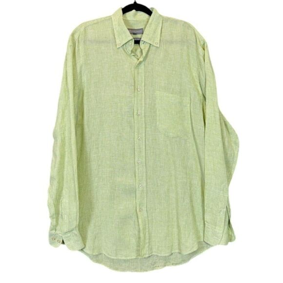 Hickey Freeman Linen Italian Shirt Button Front Green White Size Large - Picture 1 of 9